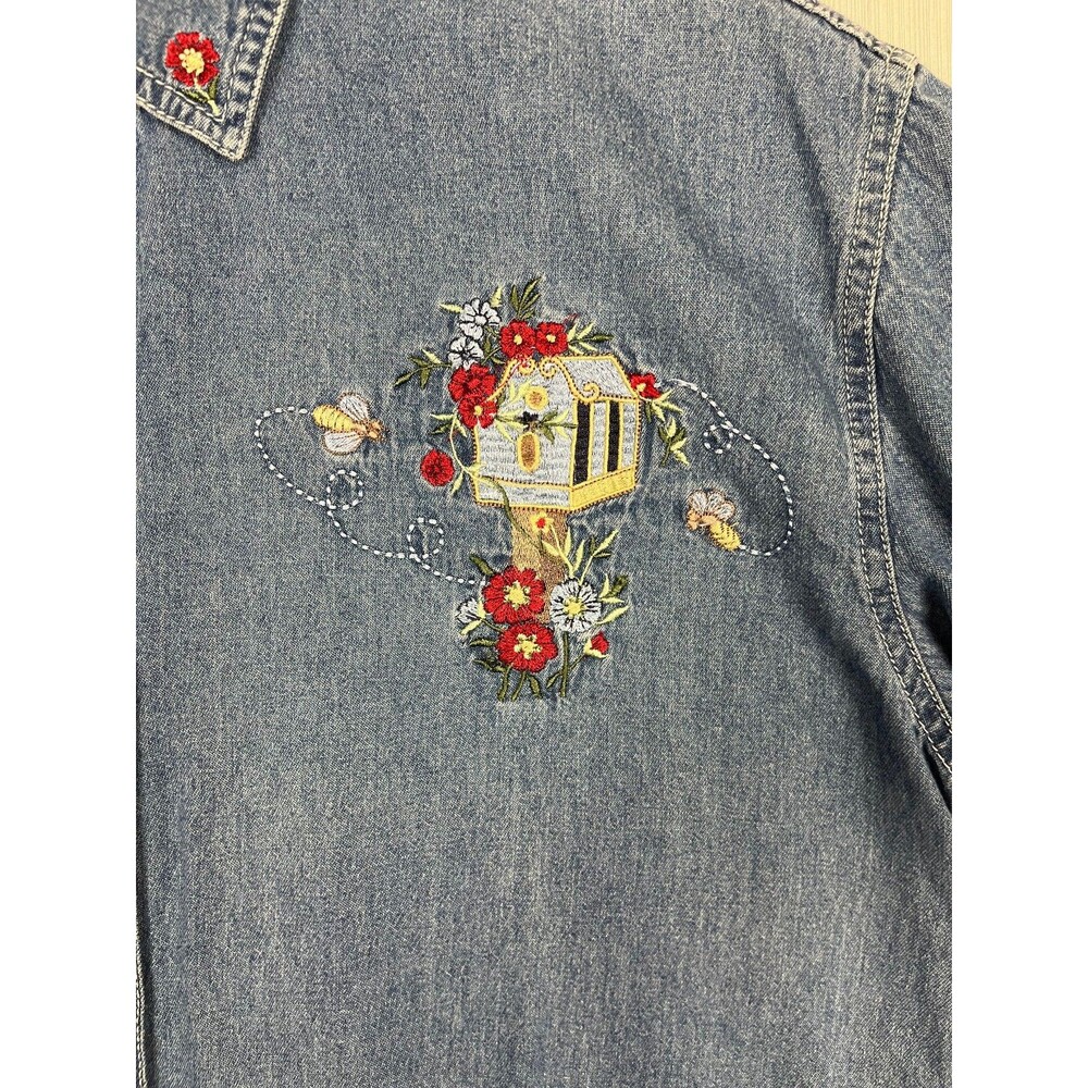 Bobbie Brooks Denim Shirt Womens 14W Blue Embroidered Button Down Cottagecore - Picture 5 of 11